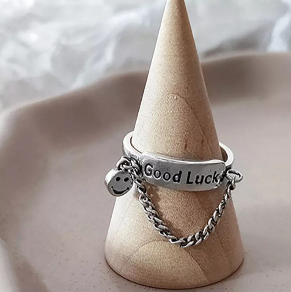 Silver Good Luck Smiley Face Charm Chain Dangle Adjustable Ring - Picture 2 of 16